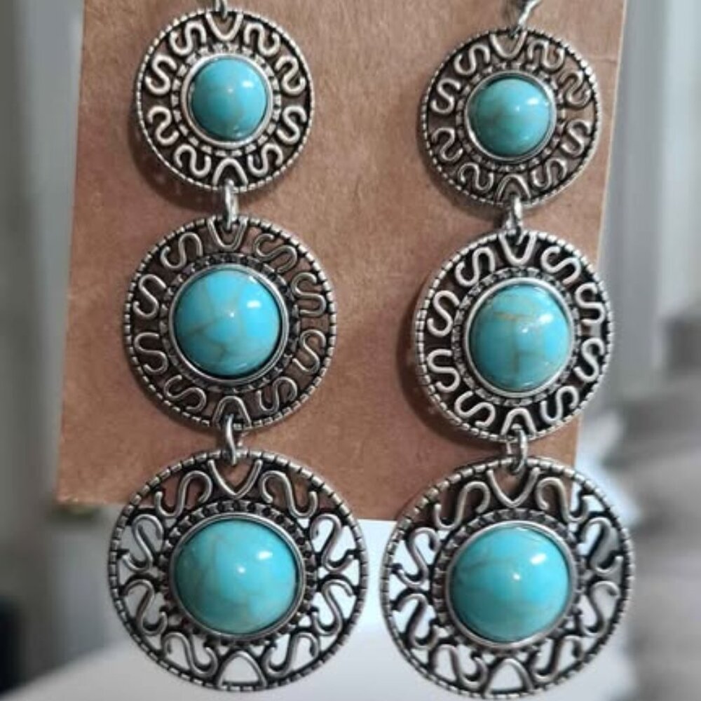 Bohemian Style Turquoise and Silver Dangle Earrings.